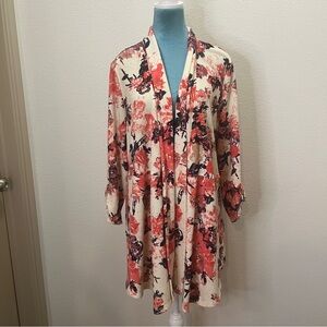 Multiples Womens Sweater Cardigan Open Front Long Sleeve Floral White Pink XL